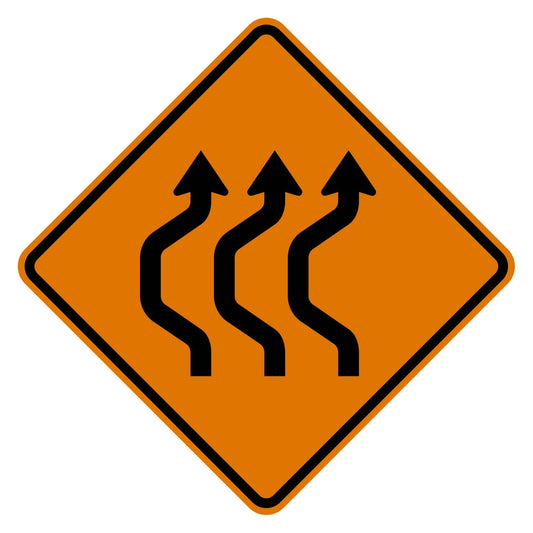 Orange diamond-shaped Triple Reverse Curve Left sign with three black wavy arrows pointing up.