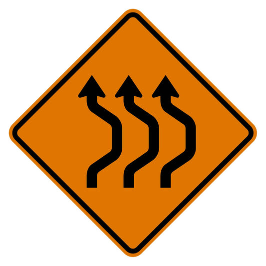 Orange diamond warning sign with three black wavy arrows indicating a triple reverse curve right.