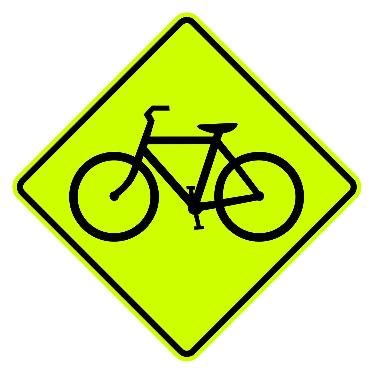 Diamond-shaped yellow retroreflective bicycle warning sign with a black bicycle symbol.