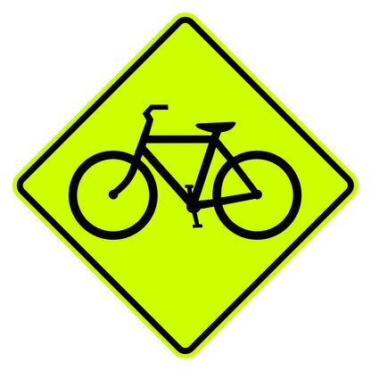 Diamond-shaped yellow retroreflective bicycle warning sign with a black bicycle symbol.