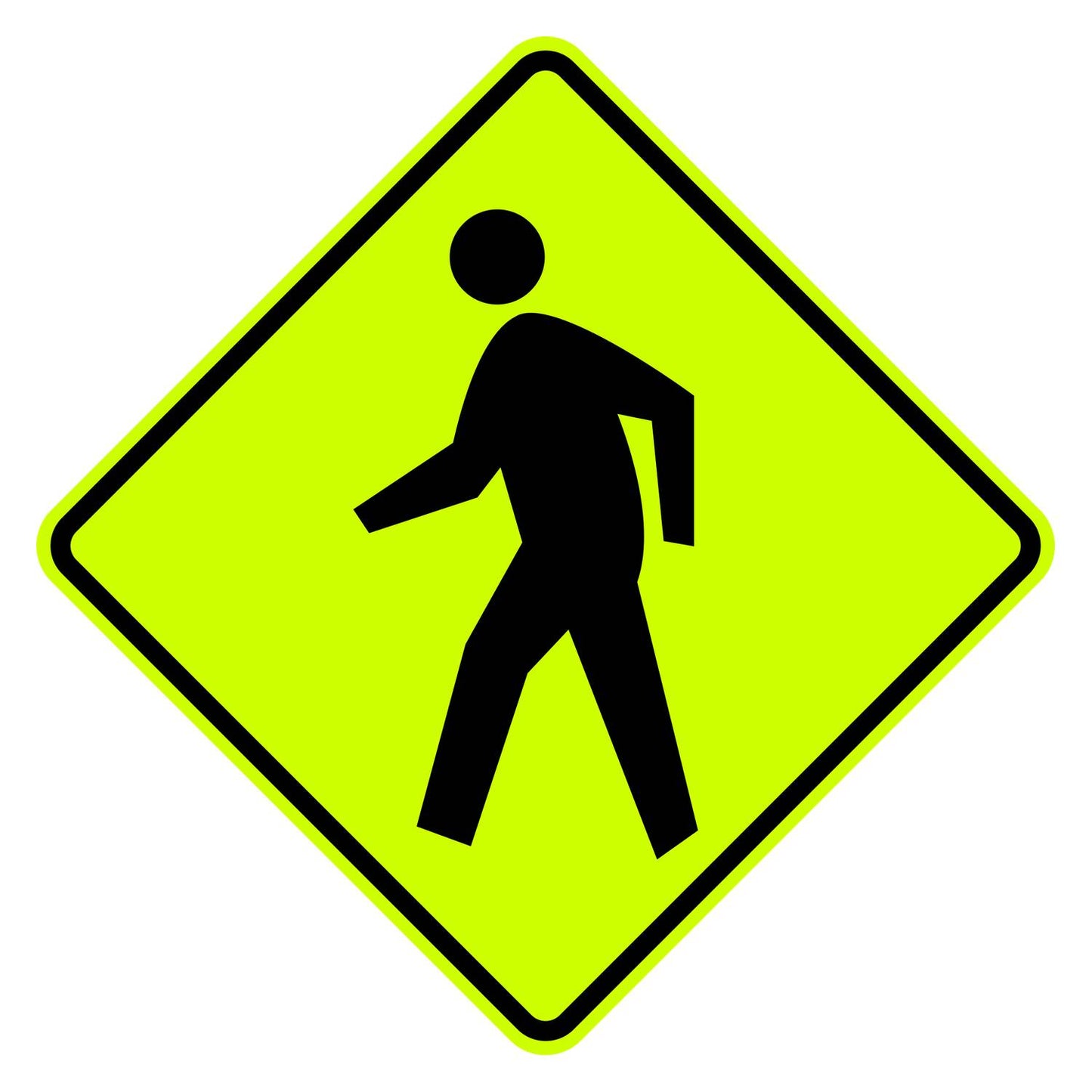 W11-2 pedestrian crossing sign with a black walking figure on a diamond-shaped, yellow retroreflective aluminum background.