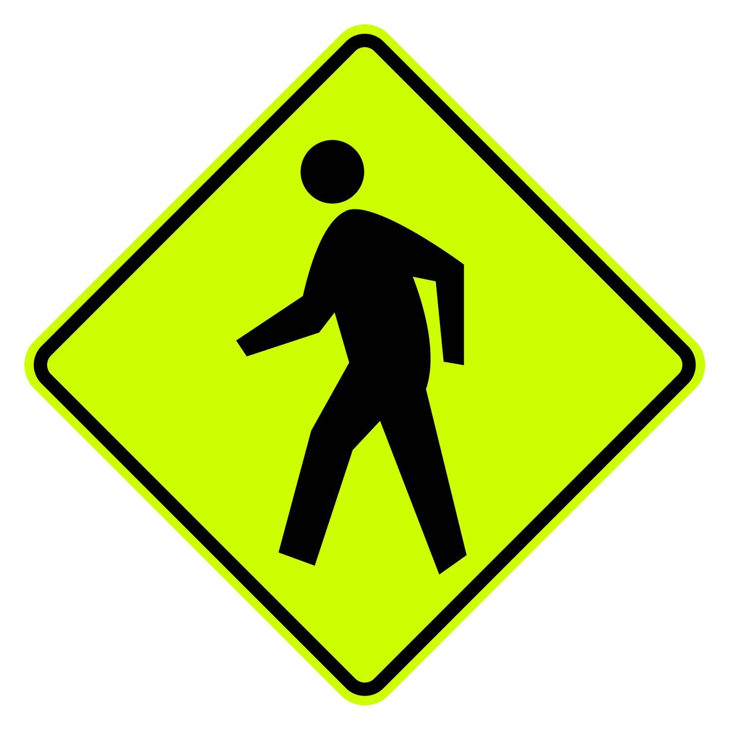 W11-2 pedestrian crossing sign with a black walking figure on a diamond-shaped, yellow retroreflective aluminum background.