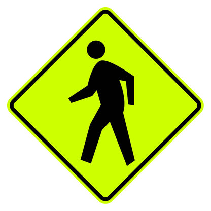 W11-2 pedestrian crossing sign with a black walking figure on a diamond-shaped, yellow retroreflective aluminum background.