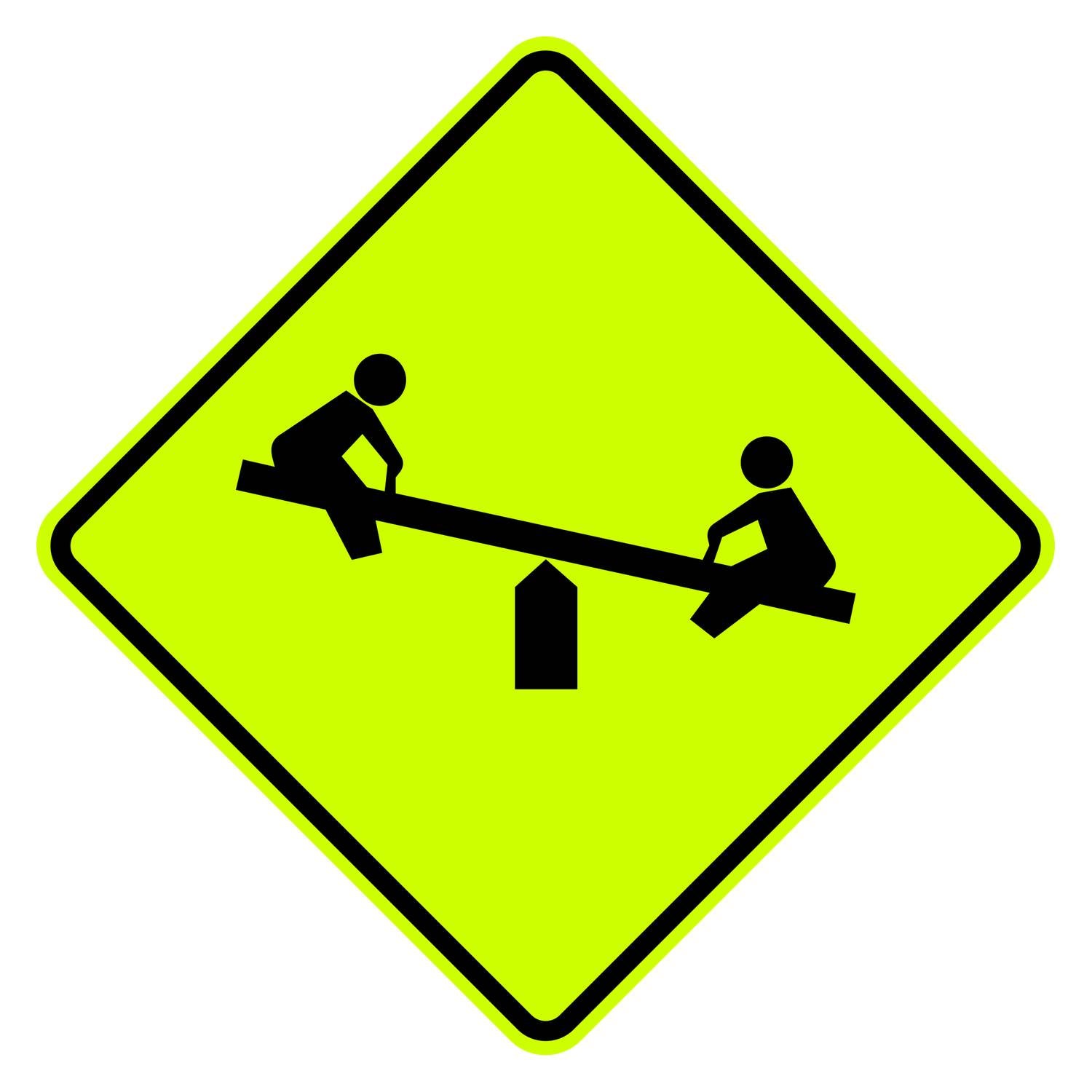 Yellow diamond-shaped W15-1 playground sign featuring a black silhouette of children on a seesaw.