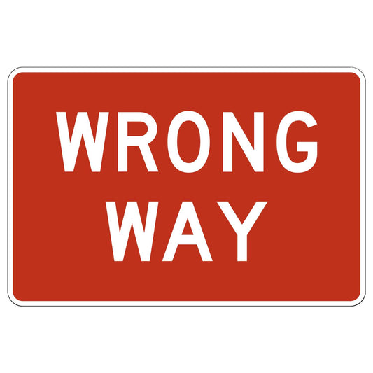 Red rectangular R5-1A Wrong Way sign with white retroreflective text.