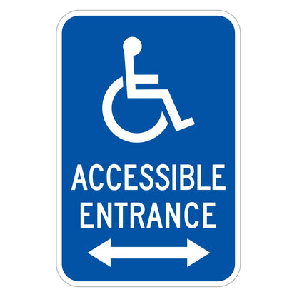 Accessible Entrance Handicap Symbol Sign (Double Arrow) - blue vertical rectangle sign with a white accessible symbol above ACCESSIBLE ENTRANCE and a white double arrow