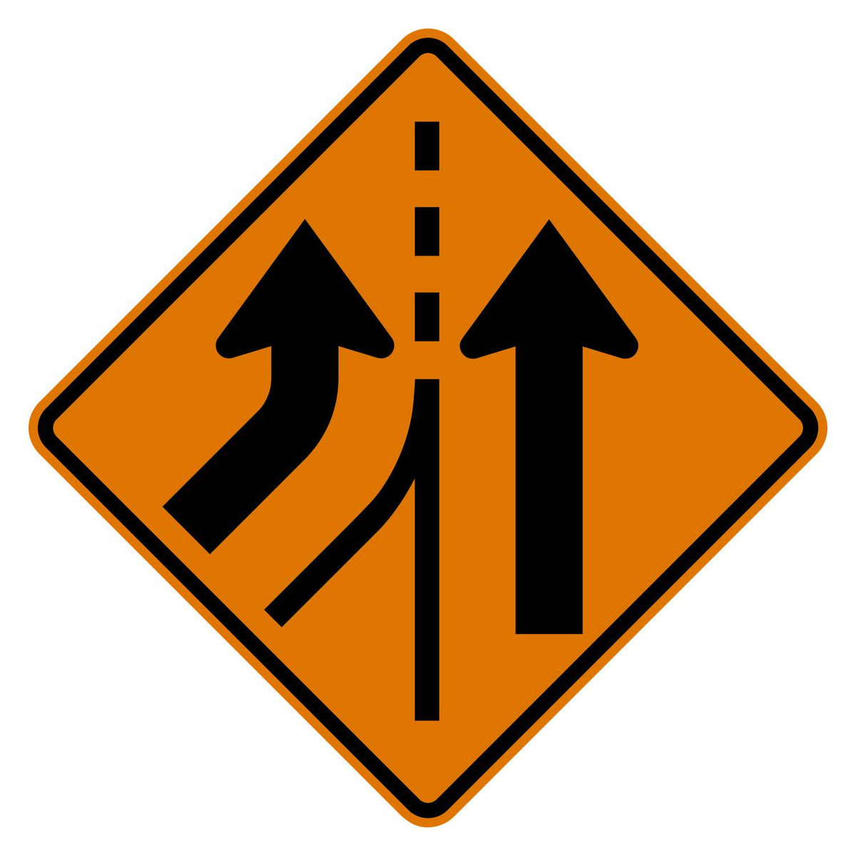 Added Lane Left Construction Sign W4-3L - orange diamond sign with two black arrows side by side, the left one curving in to join as its own lane