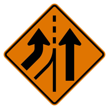 Added Lane Left Construction Sign W4-3L - orange diamond sign with two black arrows side by side, the left one curving in to join as its own lane