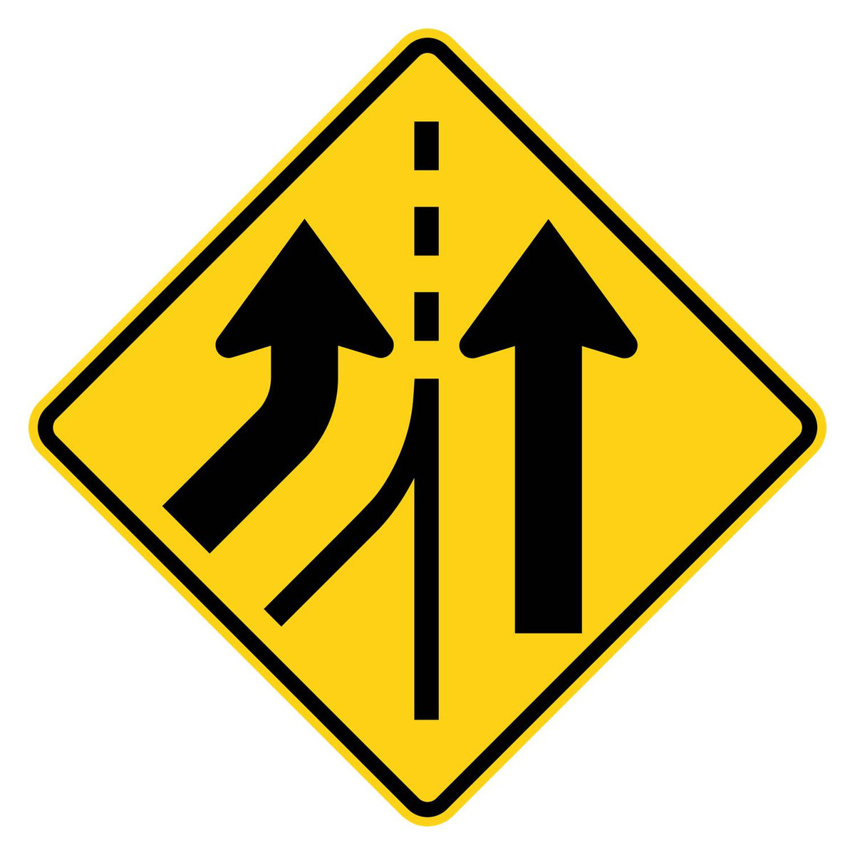 Added Lane Left Warning Sign W4-3L - yellow diamond sign with two black arrows side by side, the left one curving in to join as its own lane