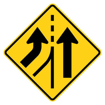 Added Lane Left Warning Sign W4-3L - yellow diamond sign with two black arrows side by side, the left one curving in to join as its own lane