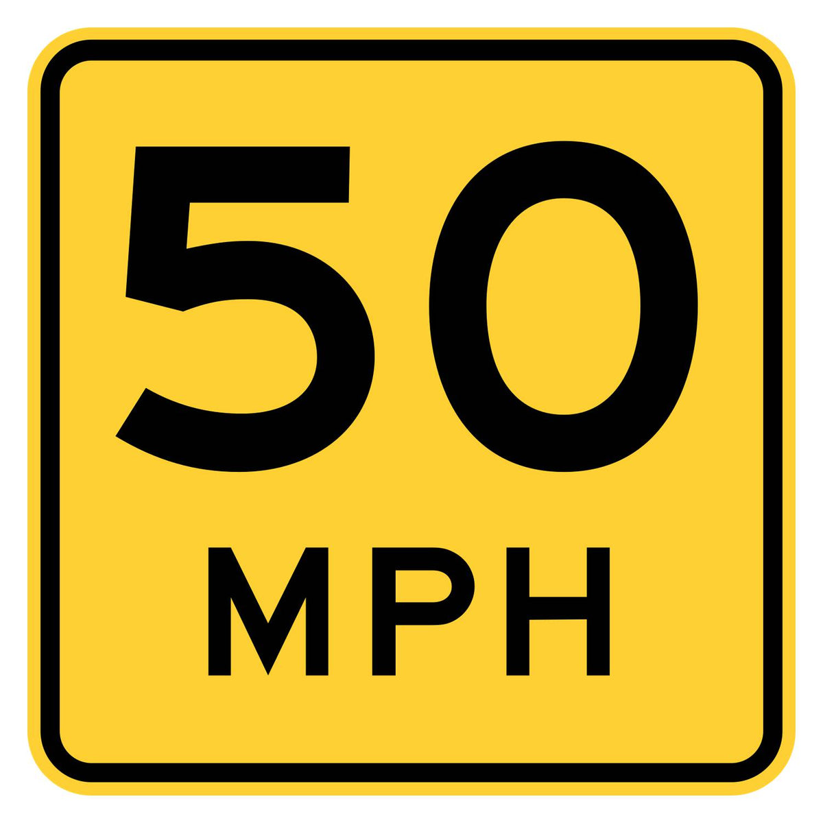 Advisory Speed Sign 50 MPH W13-1P - yellow square sign reading 50 MPH