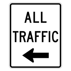 White R4-20L "ALL TRAFFIC" sign with a black left arrow, retroreflective for road use.