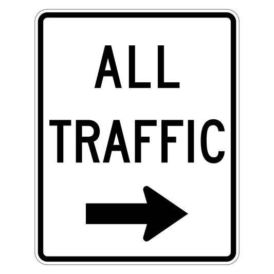 White retroreflective R4-20R "ALL TRAFFIC" sign with a black right arrow, black border, and rounded corners.