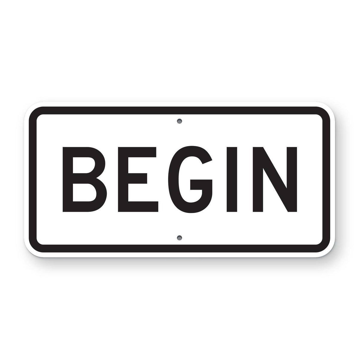 Begin Route Marker Plaque M4-14 - white horizontal rectangle plaque with a black border reading BEGIN in black