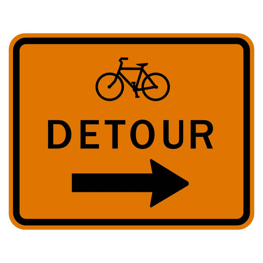 Bicycle Detour Sign Right Arrow M4-9cR - orange rectangle sign with black bicycle pictograph reading DETOUR with right arrow