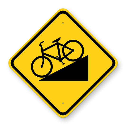 Bicycle Hill Warning Sign W7-5 - yellow diamond sign with a black symbol of a bicycle on a downhill slope