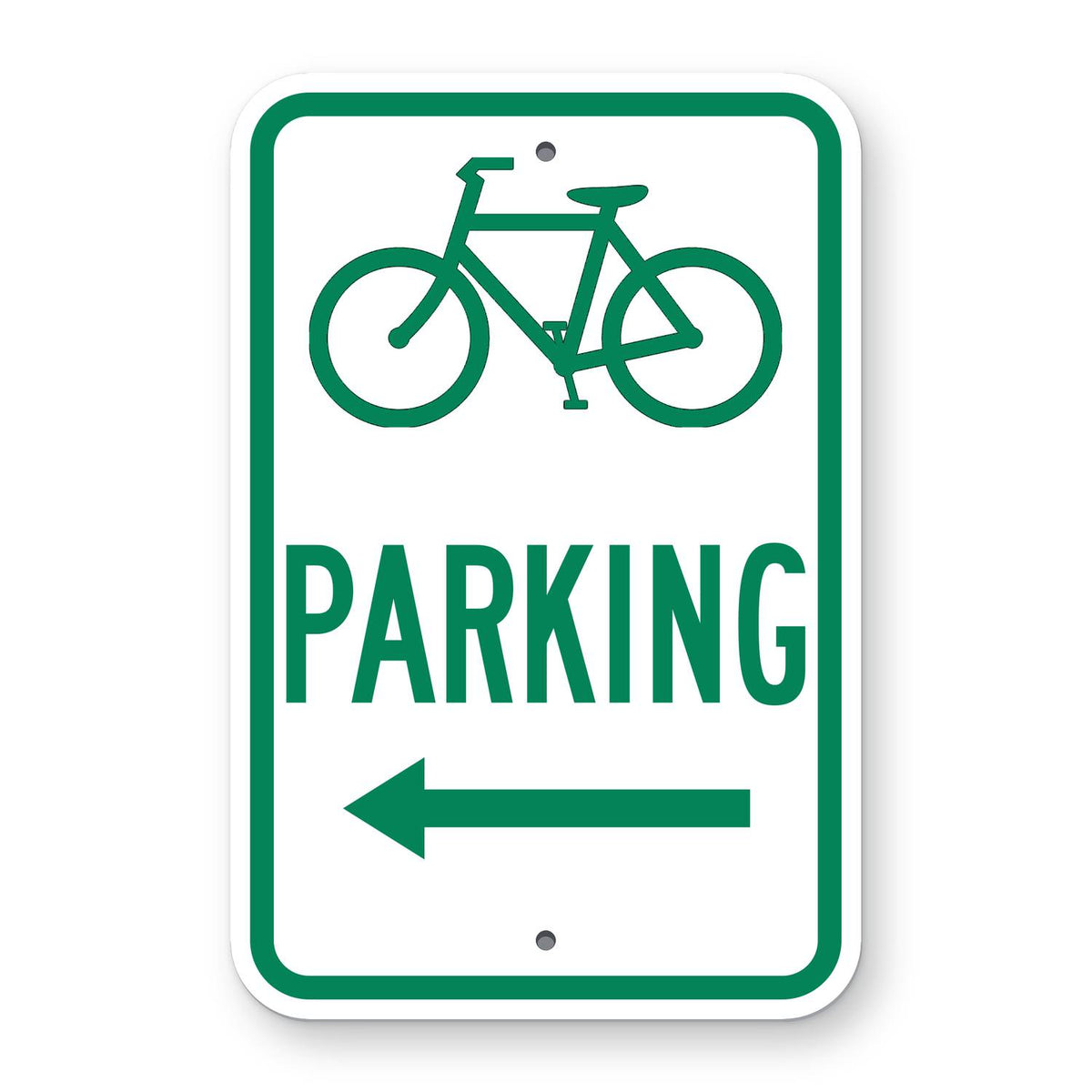 Bicycle Symbol Parking Sign (Left Arrow) - white vertical rectangle sign with a green border, a green bicycle symbol, the word PARKING and a green arrow pointing left