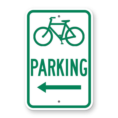 Bicycle Symbol Parking Sign (Left Arrow) - white vertical rectangle sign with a green border, a green bicycle symbol, the word PARKING and a green arrow pointing left