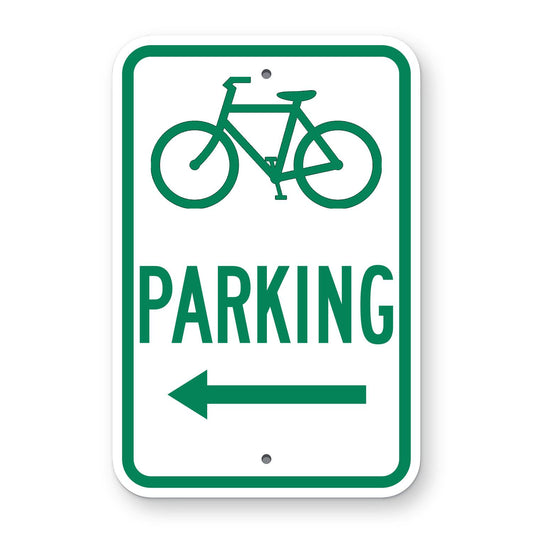 Bicycle Symbol Parking Sign (Left Arrow) - white vertical rectangle sign with a green border, a green bicycle symbol, the word PARKING and a green arrow pointing left