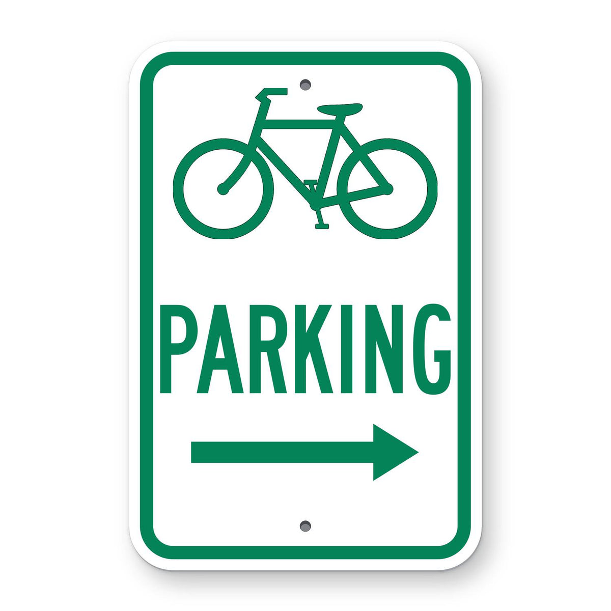 Bicycle Symbol Parking Sign (Right Arrow) - white vertical rectangle sign with a green border, a green bicycle symbol, the word PARKING and a green arrow pointing right