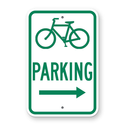 Bicycle Symbol Parking Sign (Right Arrow) - white vertical rectangle sign with a green border, a green bicycle symbol, the word PARKING and a green arrow pointing right