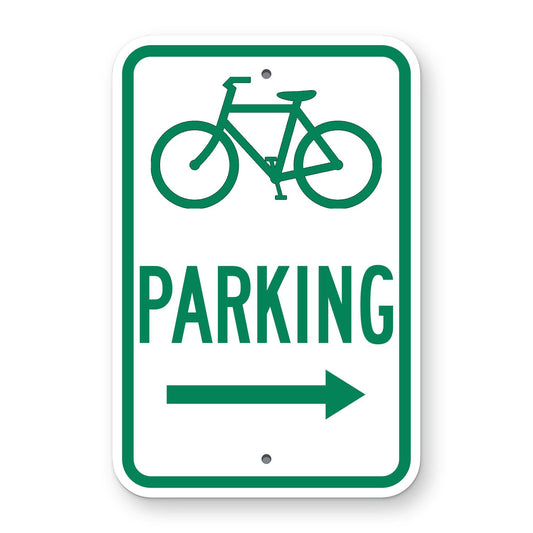 Bicycle Symbol Parking Sign (Right Arrow) - white vertical rectangle sign with a green border, a green bicycle symbol, the word PARKING and a green arrow pointing right