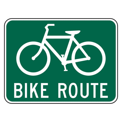 Bike Route Sign D11-1 - green horizontal rectangle sign with a white bicycle above the words BIKE ROUTE