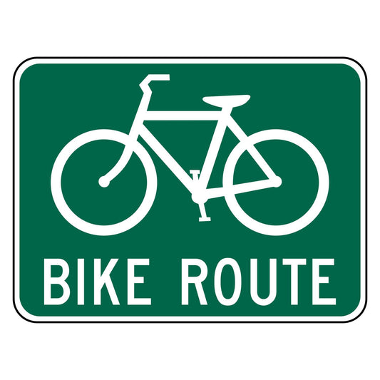 Bike Route Sign D11-1 - green horizontal rectangle sign with a white bicycle above the words BIKE ROUTE