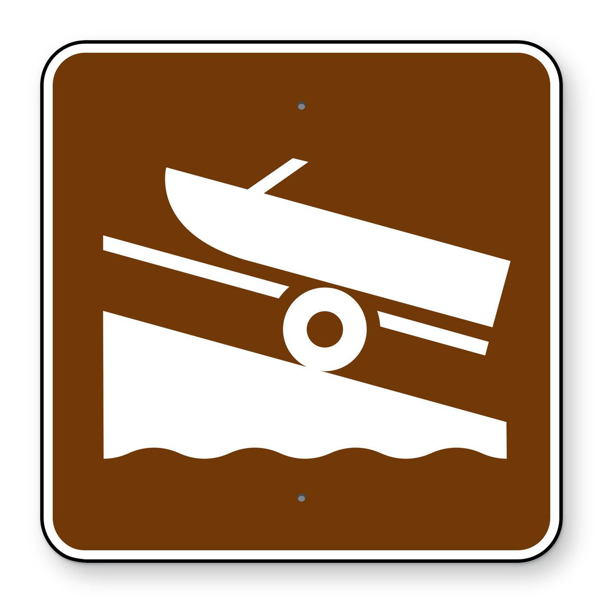 Boat Ramp Symbol Sign RS-054 - brown square sign with a white boat on a trailer backing down a ramp into water