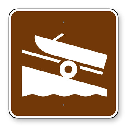 Boat Ramp Symbol Sign RS-054 - brown square sign with a white boat on a trailer backing down a ramp into water