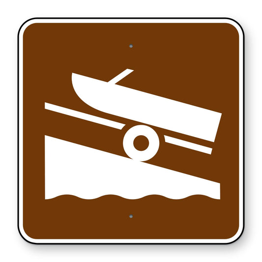 Boat Ramp Symbol Sign RS-054 - brown square sign with a white boat on a trailer backing down a ramp into water