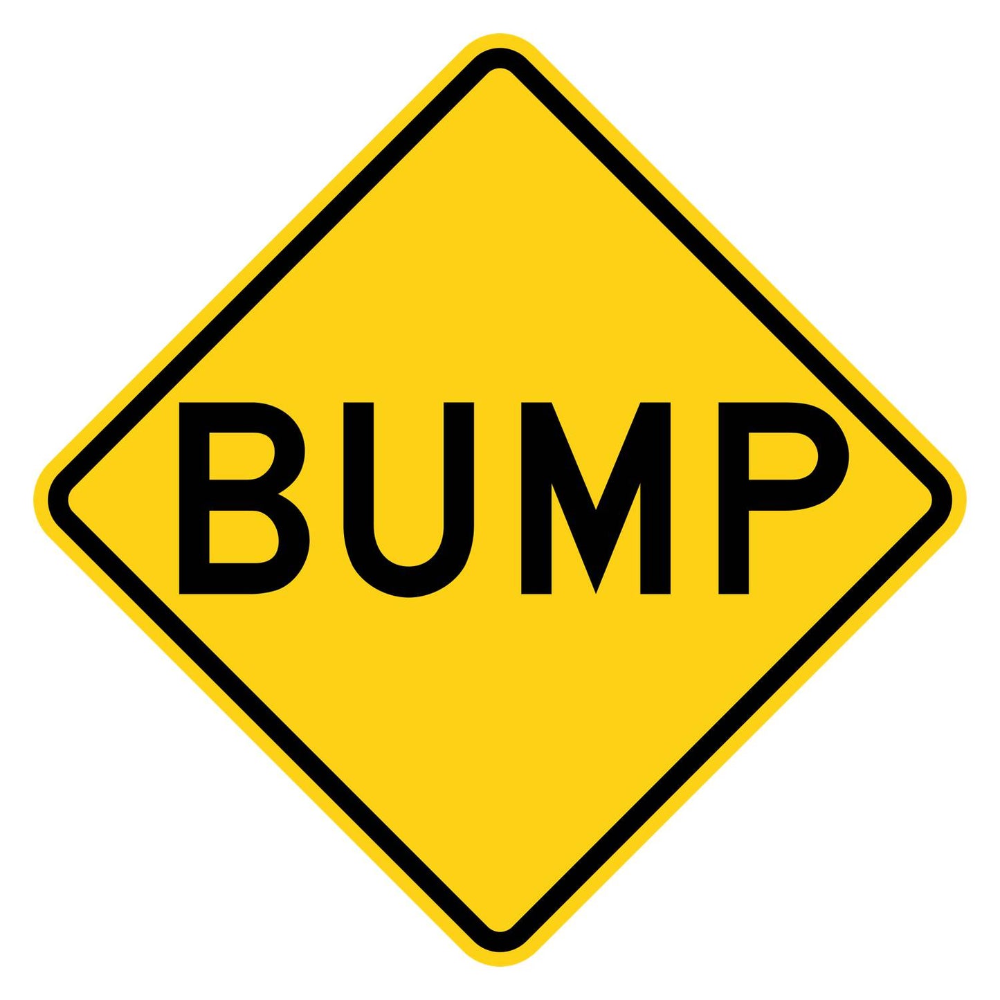 Yellow diamond-shaped W8-1 bump warning sign with black BUMP legend.