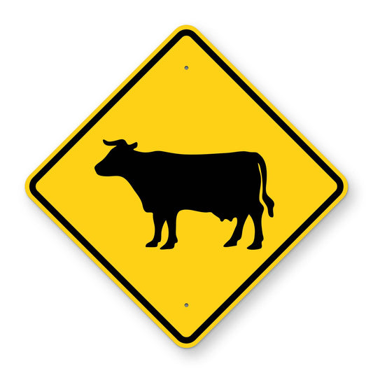 Cattle Crossing Sign W11-4 - yellow diamond sign with a black cow