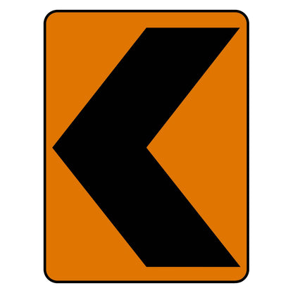 Orange vertical rectangle CW1-8L construction chevron sign with black left-pointing chevron.