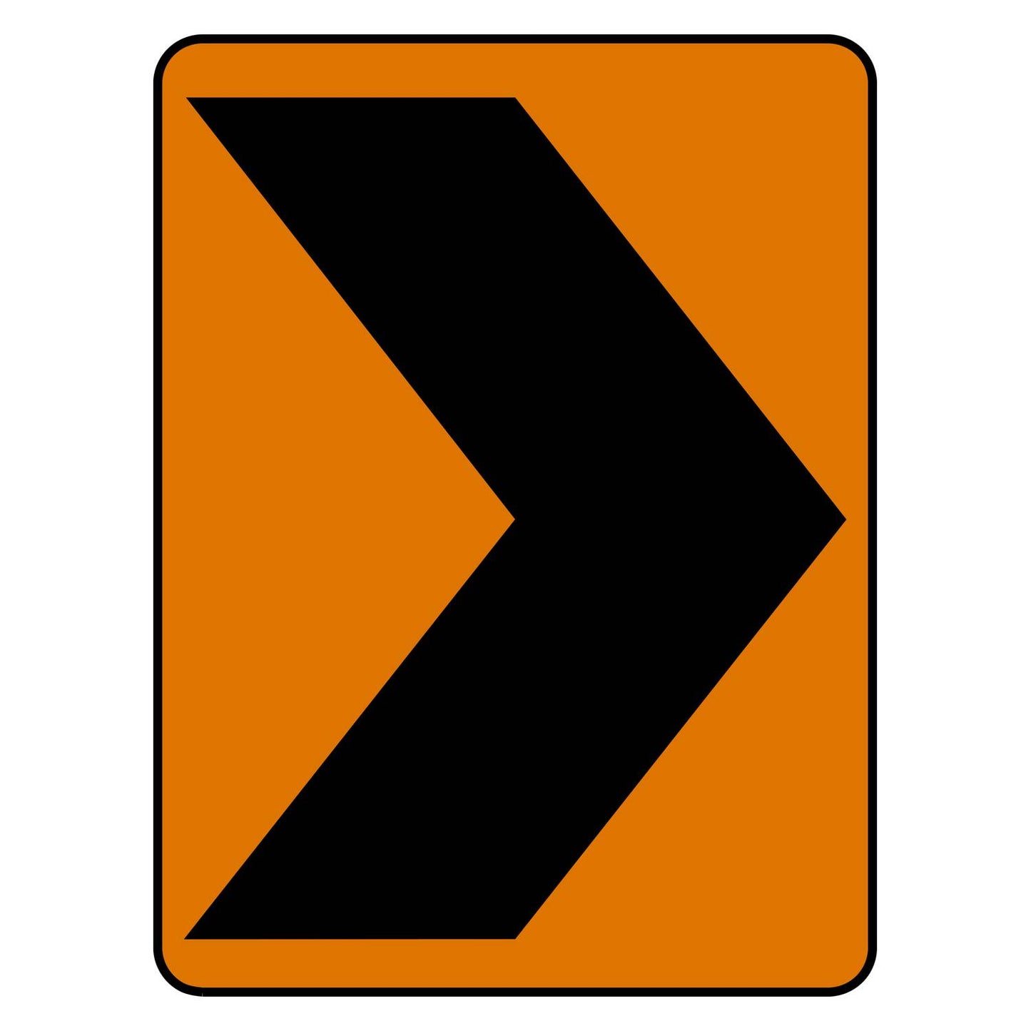 Orange vertical rectangle CW1-8R construction chevron sign with black right-pointing chevron.