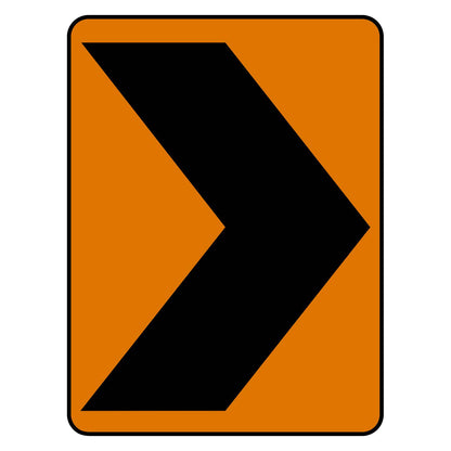 Orange vertical rectangle CW1-8R construction chevron sign with black right-pointing chevron.