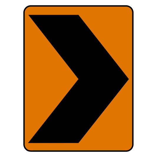 Orange vertical rectangle CW1-8R construction chevron sign with black right-pointing chevron.