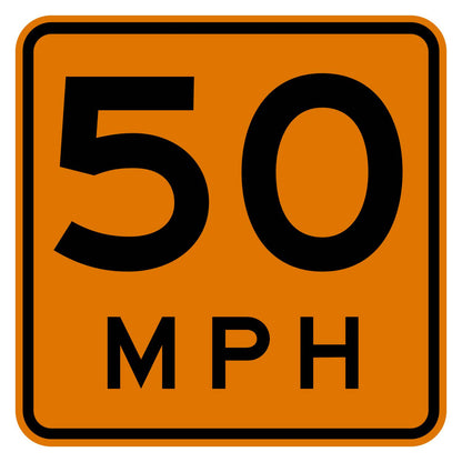 Construction Advisory Speed 50 MPH Plaque W13-1P - orange square plaque reading 50 MPH