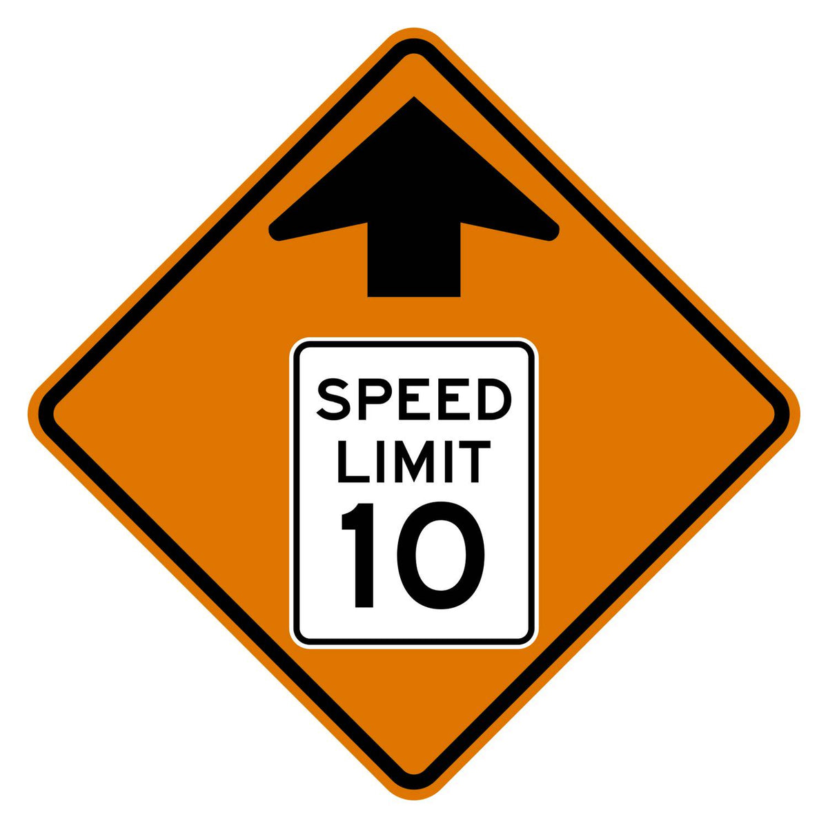 Construction Reduced Speed Limit Ahead 10 MPH Sign W3-5 - orange diamond sign with black up arrow above a white speed limit sign pictograph reading SPEED LIMIT 10