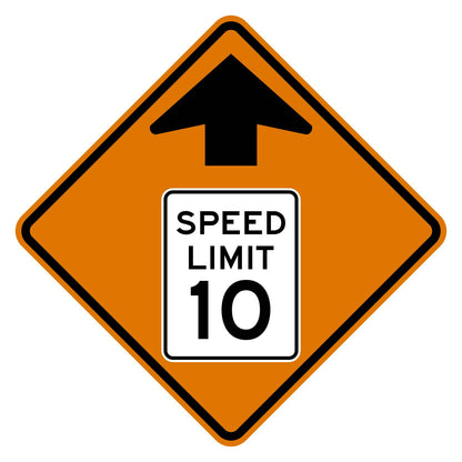 Construction Reduced Speed Limit Ahead 10 MPH Sign W3-5 - orange diamond sign with black up arrow above a white speed limit sign pictograph reading SPEED LIMIT 10