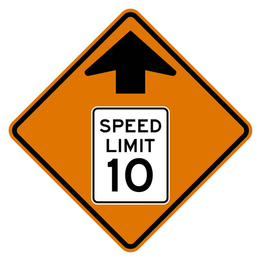 Construction Reduced Speed Limit Ahead 10 MPH Sign W3-5 - orange diamond sign with black up arrow above a white speed limit sign pictograph reading SPEED LIMIT 10