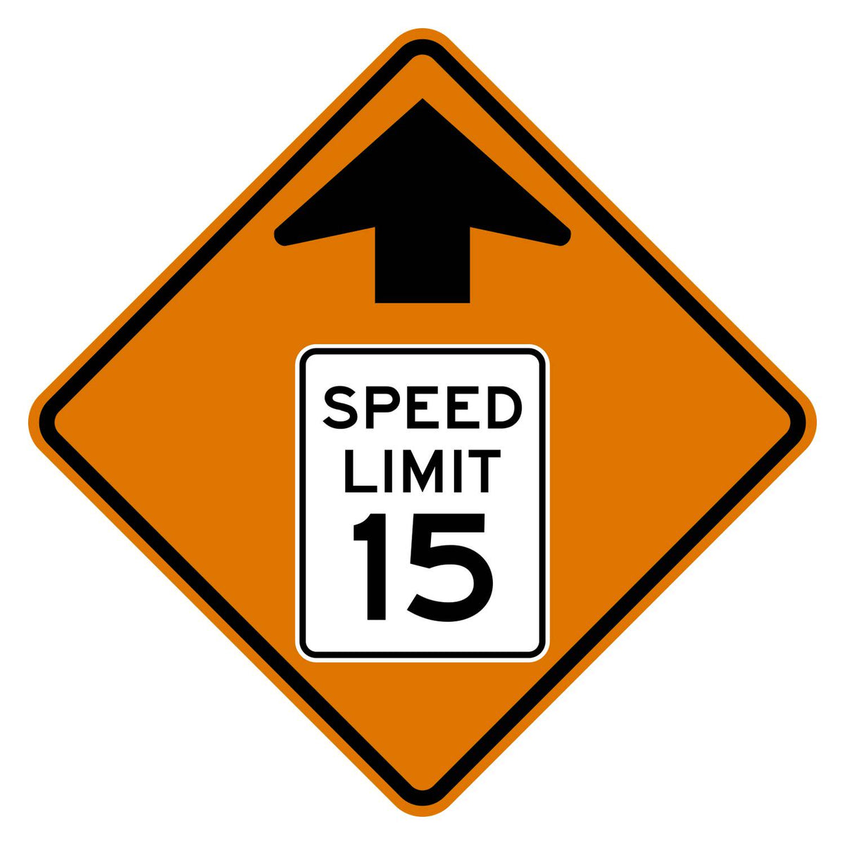 Construction Reduced Speed Limit Ahead 15 MPH Sign W3-5 - orange diamond sign with black up arrow above a white speed limit sign pictograph reading SPEED LIMIT 15
