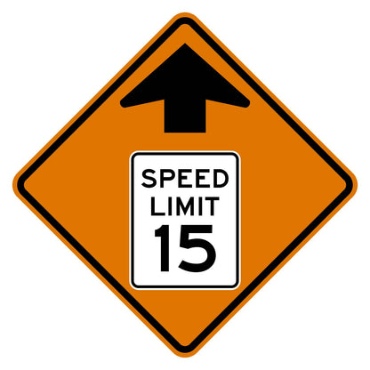 Construction Reduced Speed Limit Ahead 15 MPH Sign W3-5 - orange diamond sign with black up arrow above a white speed limit sign pictograph reading SPEED LIMIT 15
