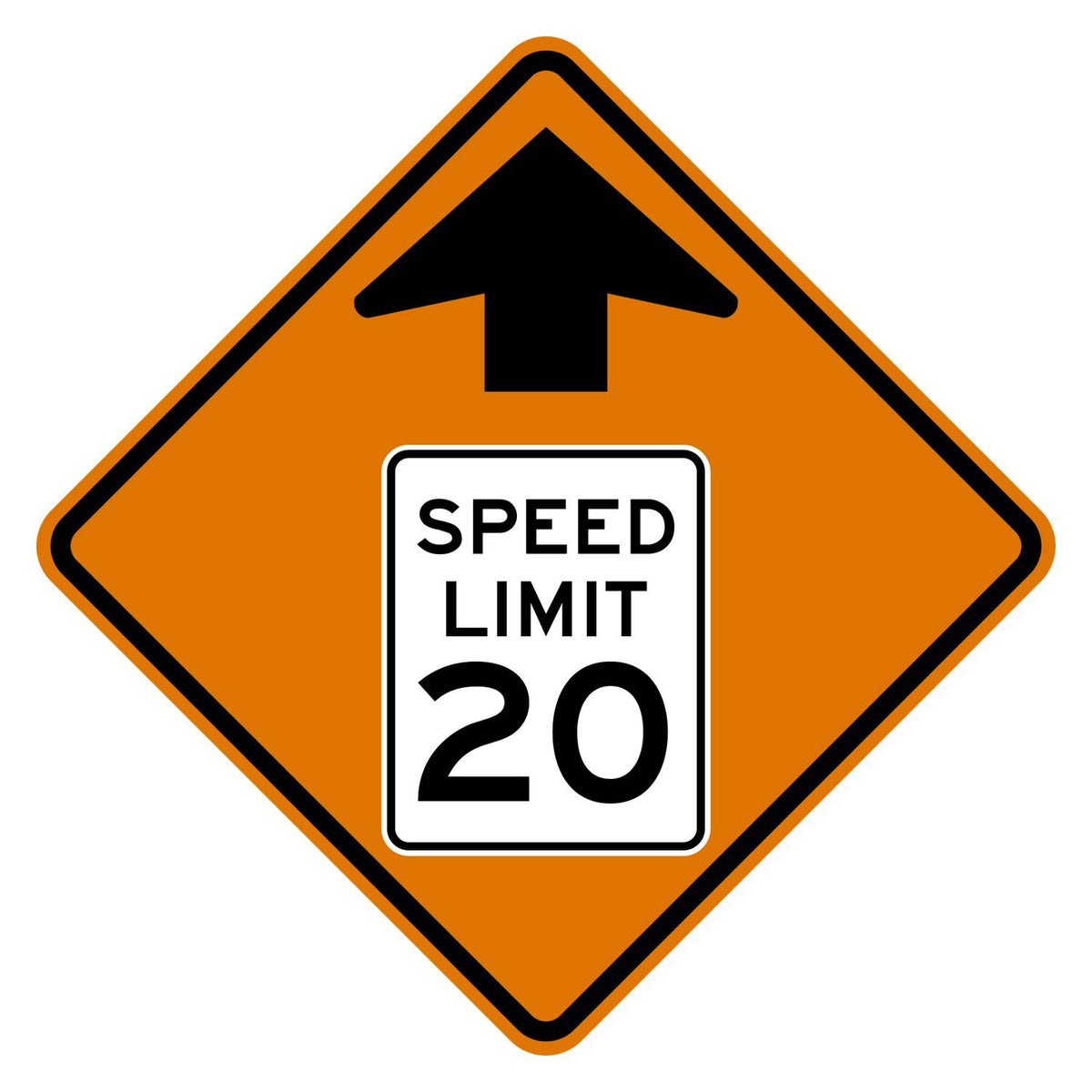 Construction Reduced Speed Limit Ahead 20 MPH Sign W3-5 - orange diamond sign with black up arrow above a white speed limit sign pictograph reading SPEED LIMIT 20