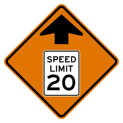 Construction Reduced Speed Limit Ahead 20 MPH Sign W3-5 - orange diamond sign with black up arrow above a white speed limit sign pictograph reading SPEED LIMIT 20