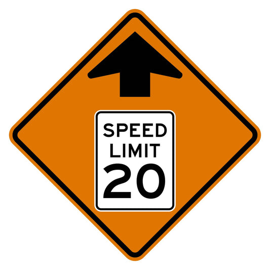 Construction Reduced Speed Limit Ahead 20 MPH Sign W3-5 - orange diamond sign with black up arrow above a white speed limit sign pictograph reading SPEED LIMIT 20