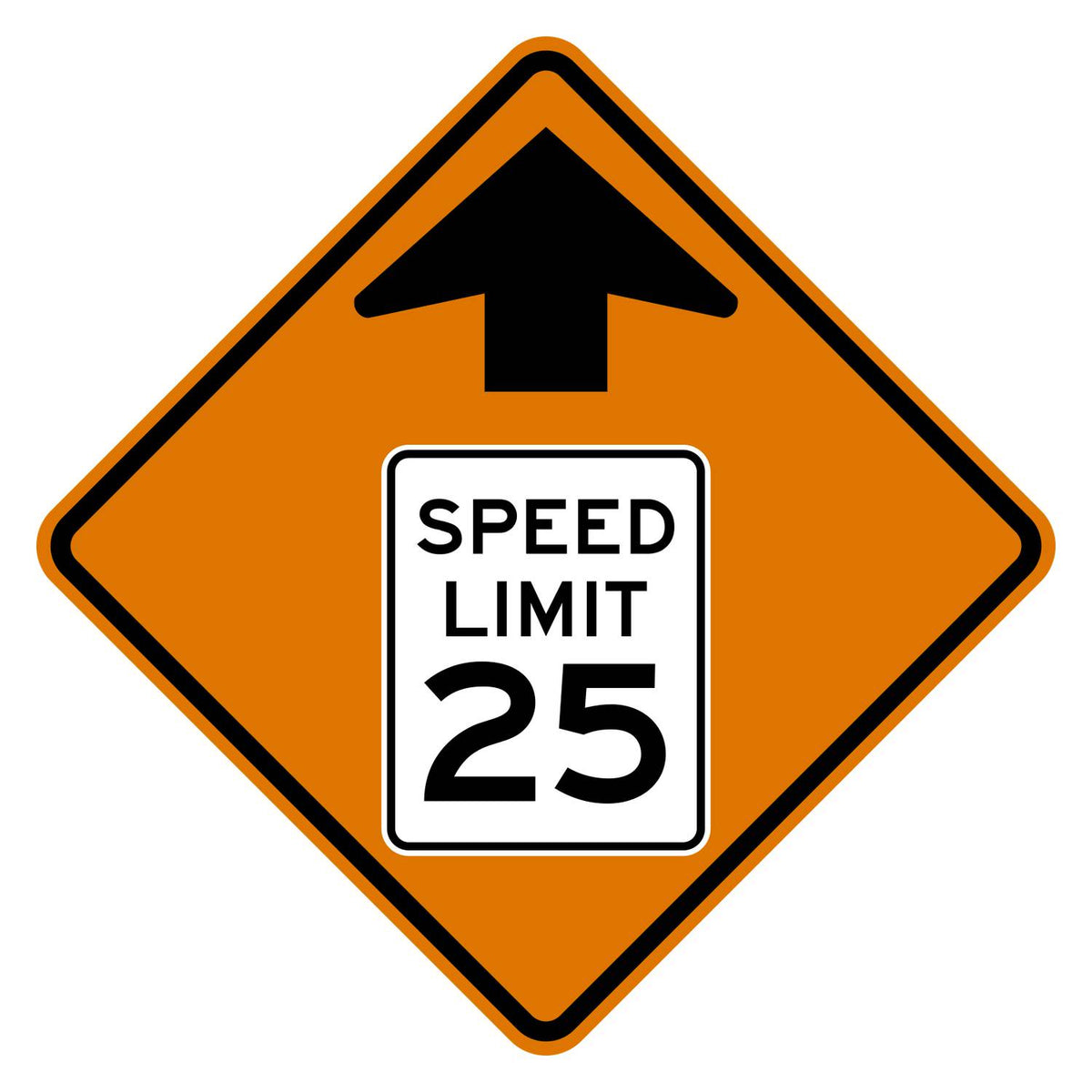 Construction Reduced Speed Limit Ahead 25 MPH Sign W3-5 - orange diamond sign with black up arrow above a white speed limit sign pictograph reading SPEED LIMIT 25