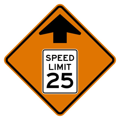 Construction Reduced Speed Limit Ahead 25 MPH Sign W3-5 - orange diamond sign with black up arrow above a white speed limit sign pictograph reading SPEED LIMIT 25