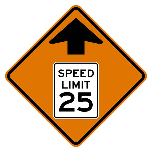 Construction Reduced Speed Limit Ahead 25 MPH Sign W3-5 - orange diamond sign with black up arrow above a white speed limit sign pictograph reading SPEED LIMIT 25