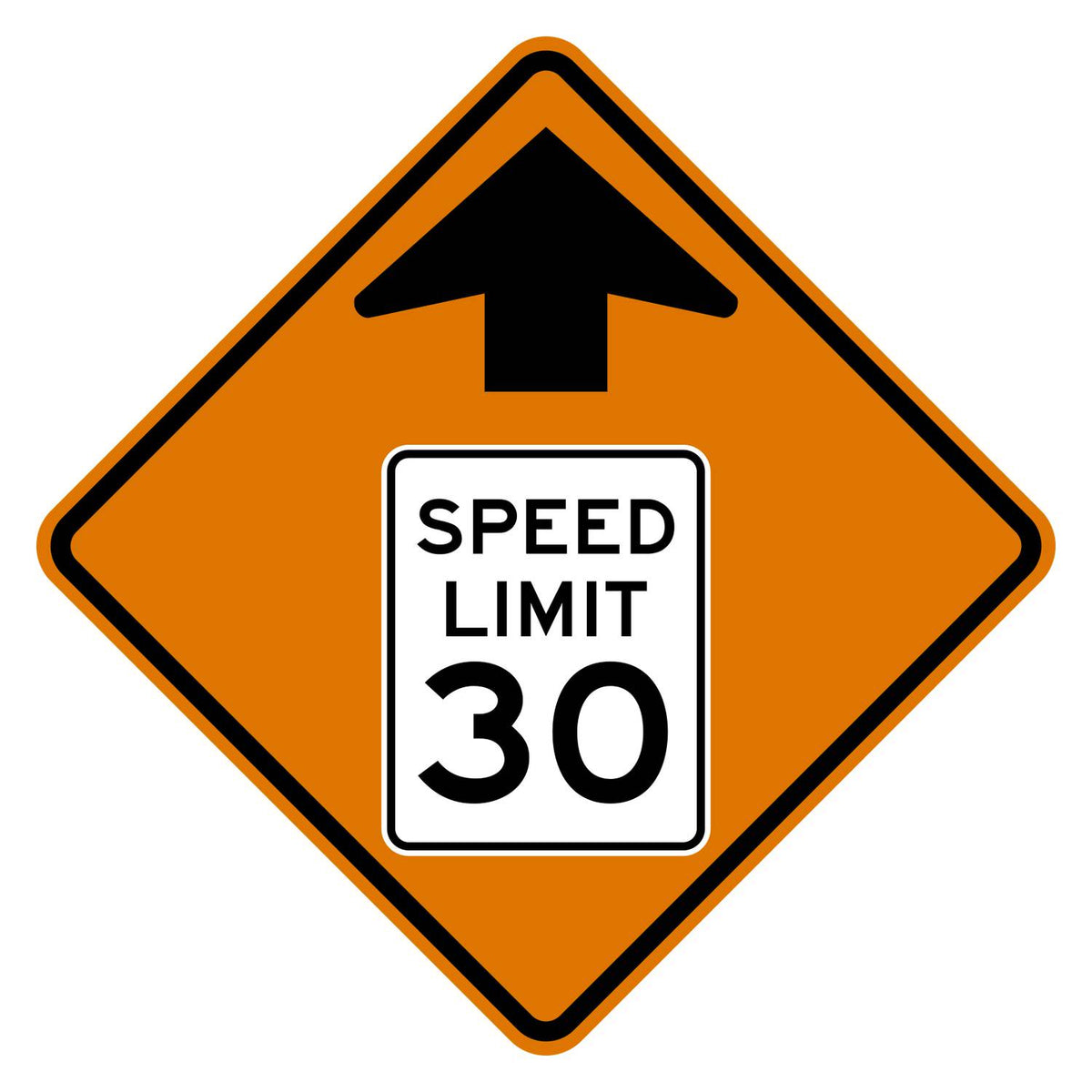 Construction Reduced Speed Limit Ahead 30 MPH Sign W3-5 - orange diamond sign with black up arrow above a white speed limit sign pictograph reading SPEED LIMIT 30